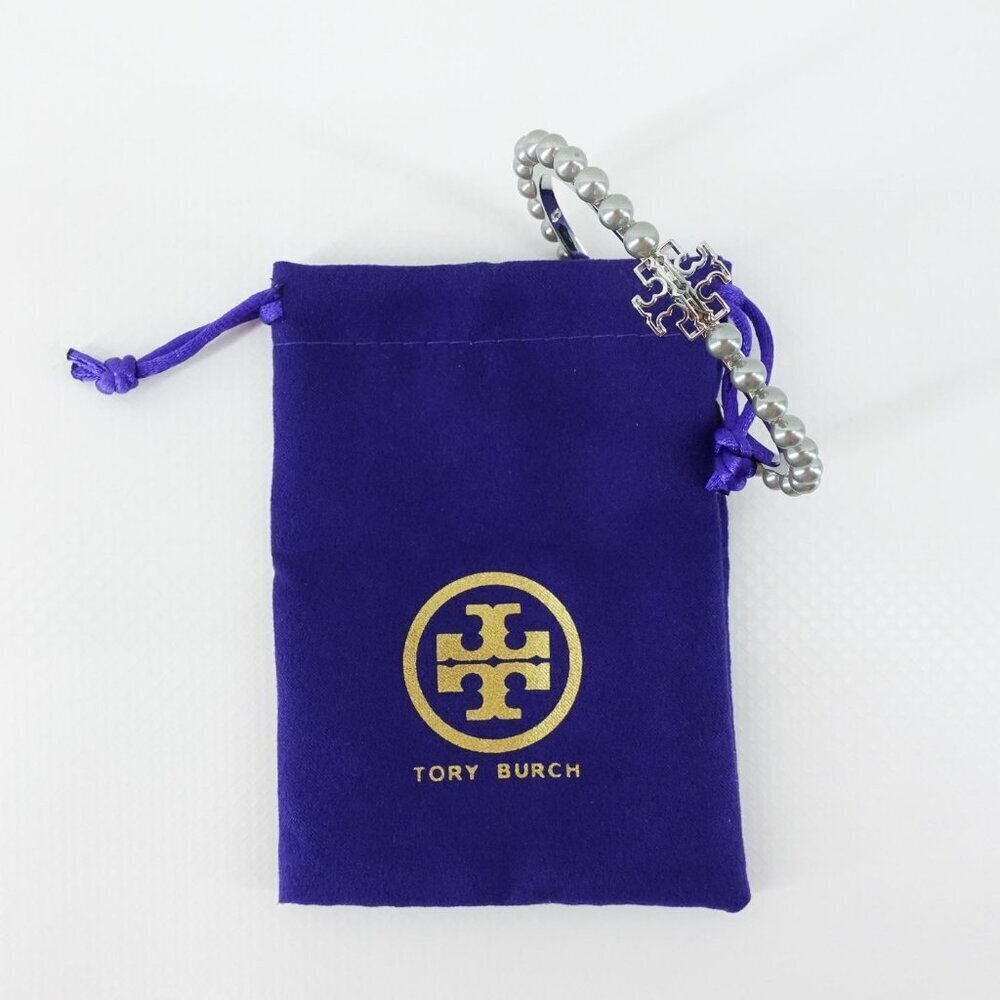Tory Burch Logo Pearl Cuff Bangle Silver OS - Picture 10 of 14
